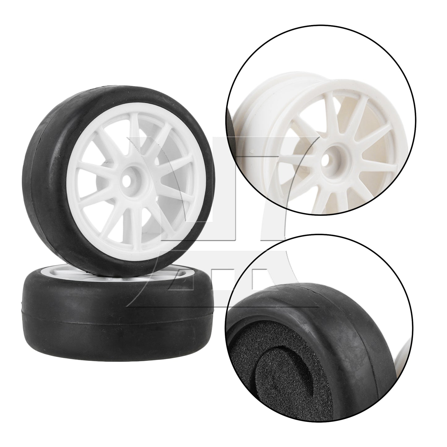 BQLZR  RC 1:10 On-Road Car Smooth Rubber Tire & White 10-Spoke Plastic Wheel Rims