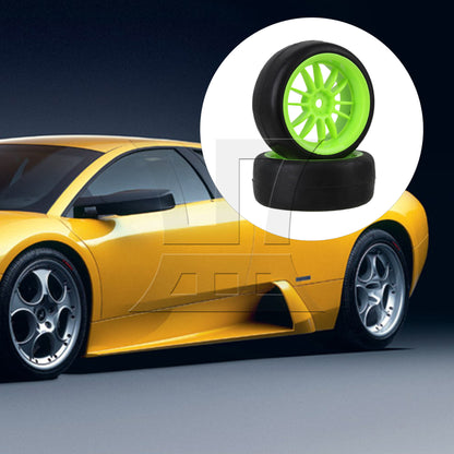 BQLZR  RC 1:10 On-Road Car Rubber Smooth Tires & Green 12-Spoke Plastic Wheel Rims