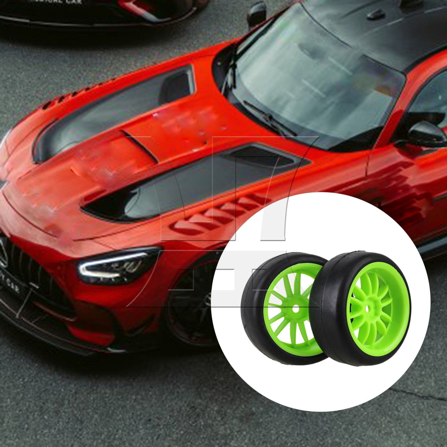 BQLZR  RC 1:10 On-Road Car Rubber Smooth Tires & Green 12-Spoke Plastic Wheel Rims