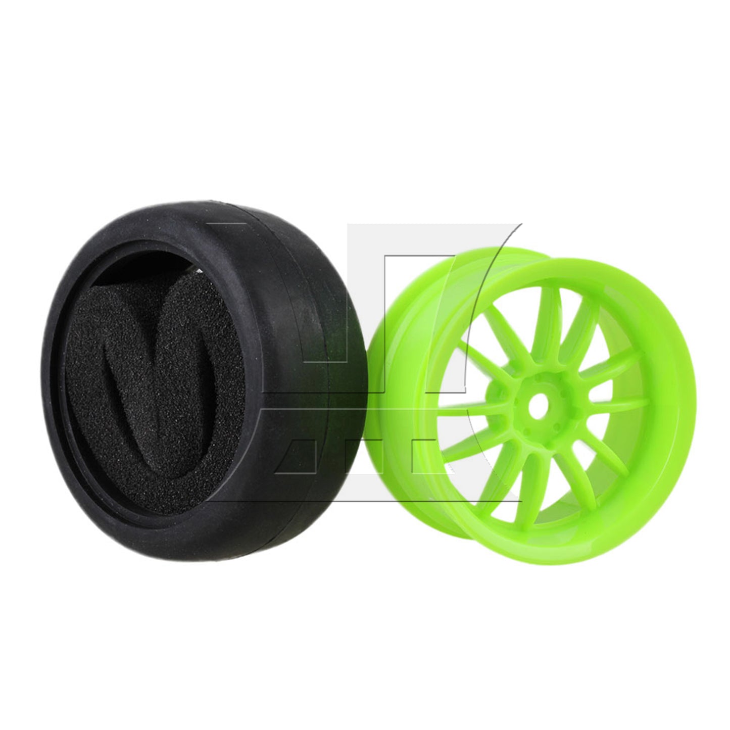 BQLZR  RC 1:10 On-Road Car Rubber Smooth Tires & Green 12-Spoke Plastic Wheel Rims