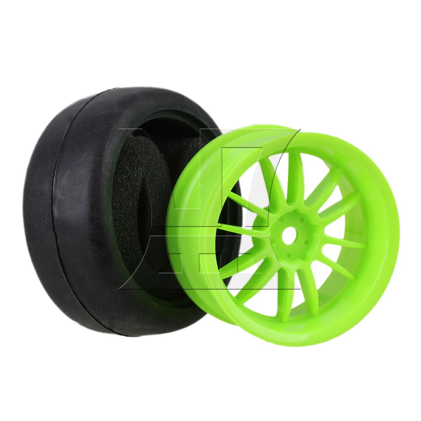 BQLZR  RC 1:10 On-Road Car Rubber Smooth Tires & Green 12-Spoke Plastic Wheel Rims