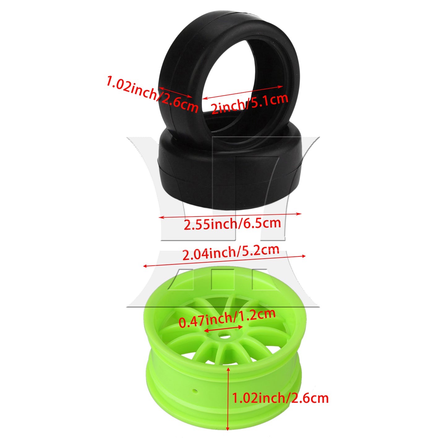 BQLZR  RC 1:10 On-Road Car Rubber Smooth Tires & Green 12-Spoke Plastic Wheel Rims