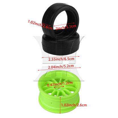 BQLZR  RC 1:10 On-Road Car Rubber Smooth Tires & Green 12-Spoke Plastic Wheel Rims