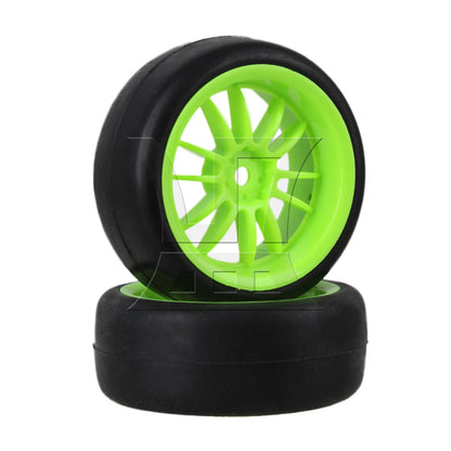 BQLZR  RC 1:10 On-Road Car Rubber Smooth Tires & Green 12-Spoke Plastic Wheel Rims