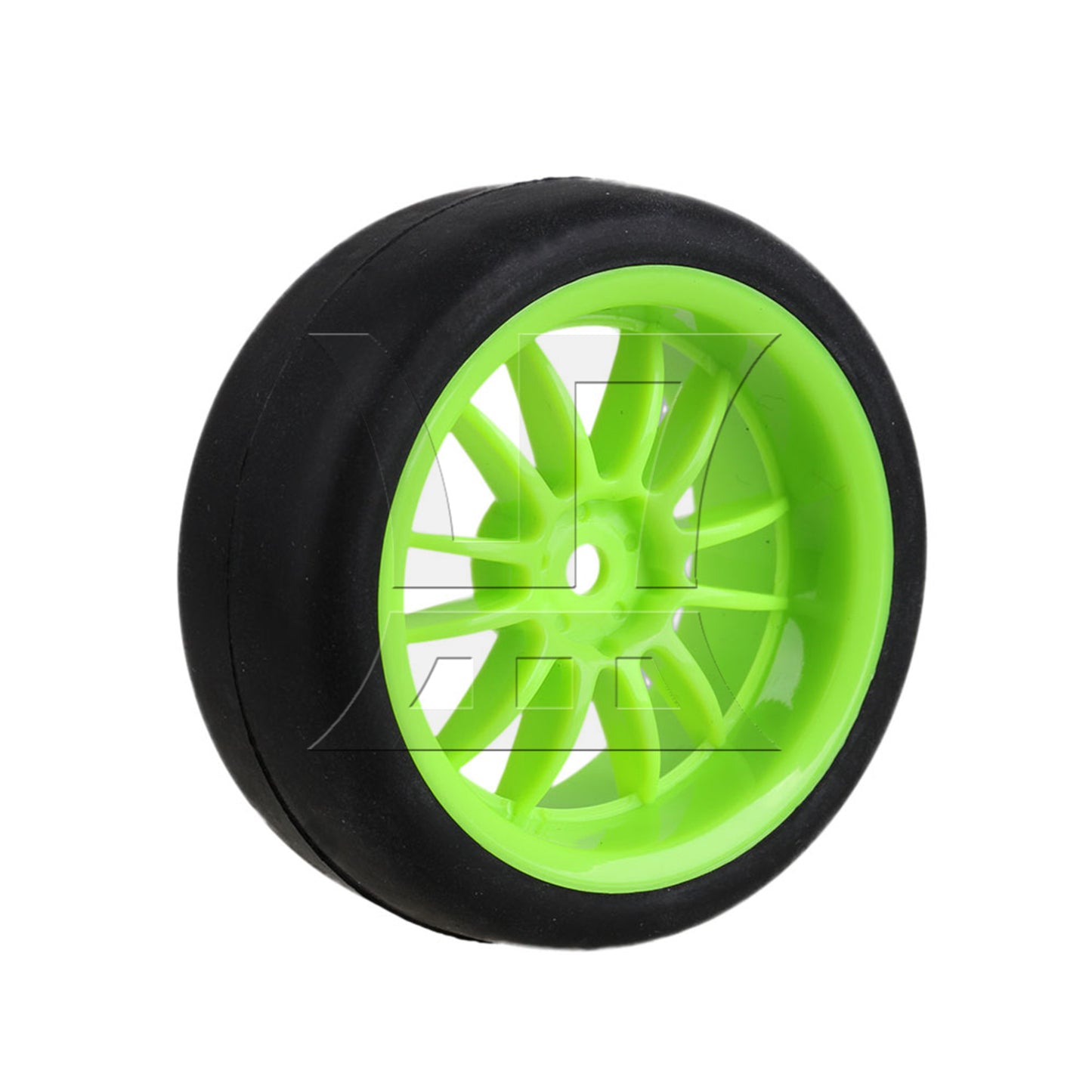BQLZR  RC 1:10 On-Road Car Rubber Smooth Tires & Green 12-Spoke Plastic Wheel Rims