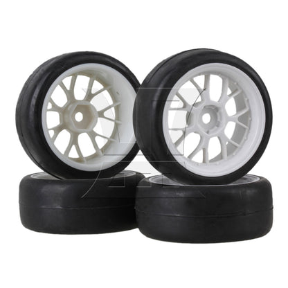 BQLZR  RC 1:10 On-Road Car Smooth Rubber Tire & White 10-Spoke Plastic Wheel Rims