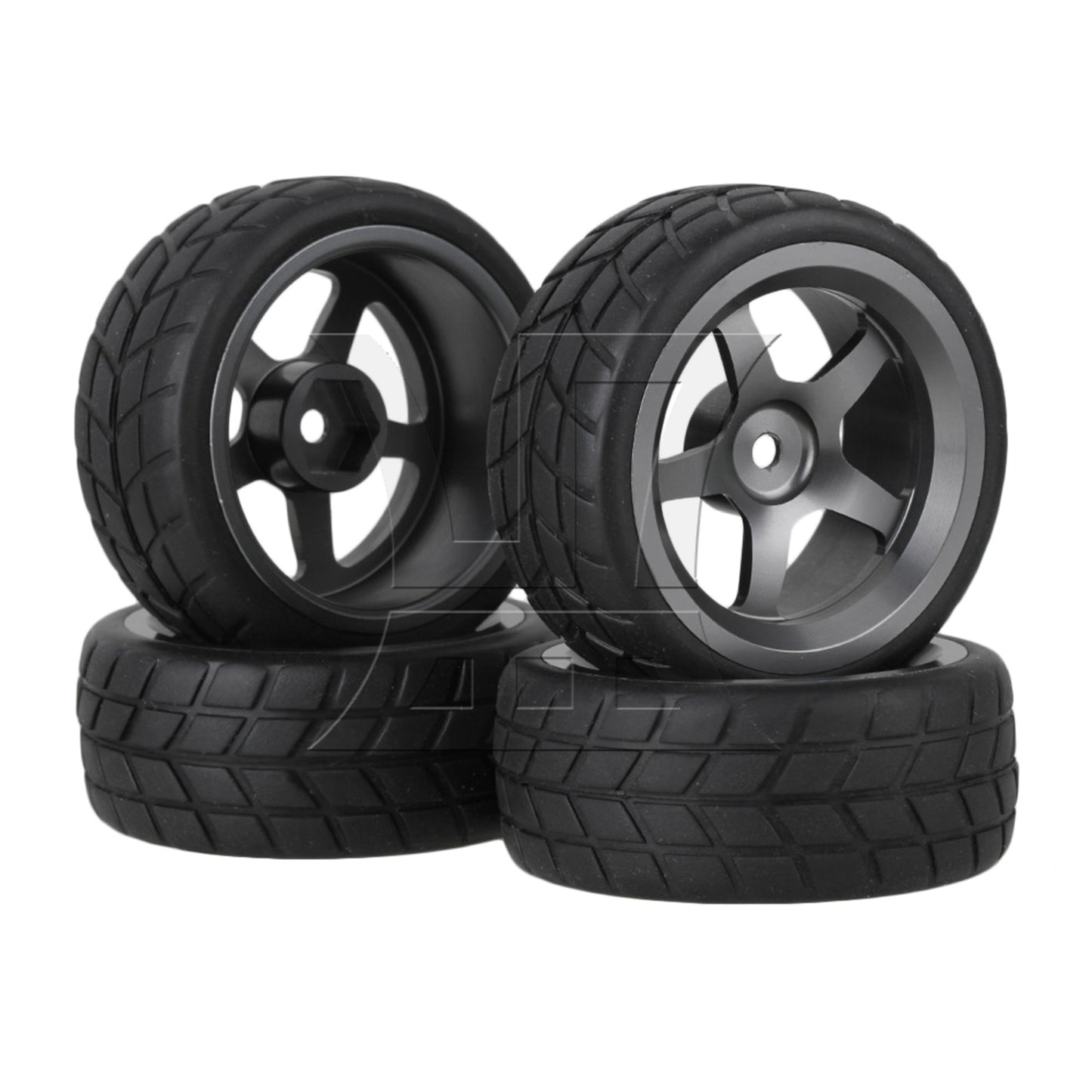 BQLZR 4 x RC1:10 On-Road Car Grey Alloy 5-Spoke Wheel Rim Fish Pattern Rubber Tyre Set