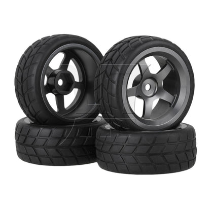 BQLZR 4 x RC1:10 On-Road Car Grey Alloy 5-Spoke Wheel Rim Fish Pattern Rubber Tyre Set