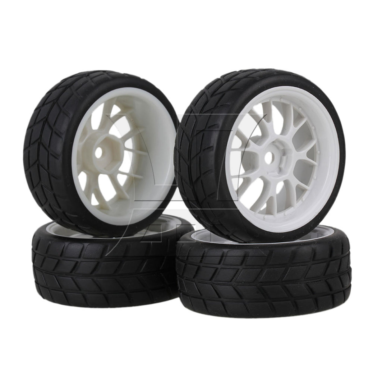 BQLZR 4x RC 1:10 On-Road Car Rubber Smooth Tires + White Y-shape Plastic Wheel Rims