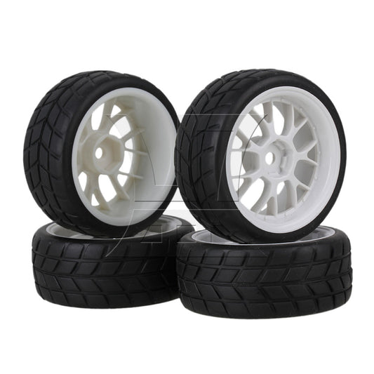 BQLZR 4x RC 1:10 On-Road Car Rubber Smooth Tires + White Y-shape Plastic Wheel Rims