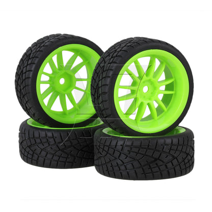 BQLZR  RC 1:10 On-Road Car Rubber Smooth Tires & Green 12-Spoke Plastic Wheel Rims