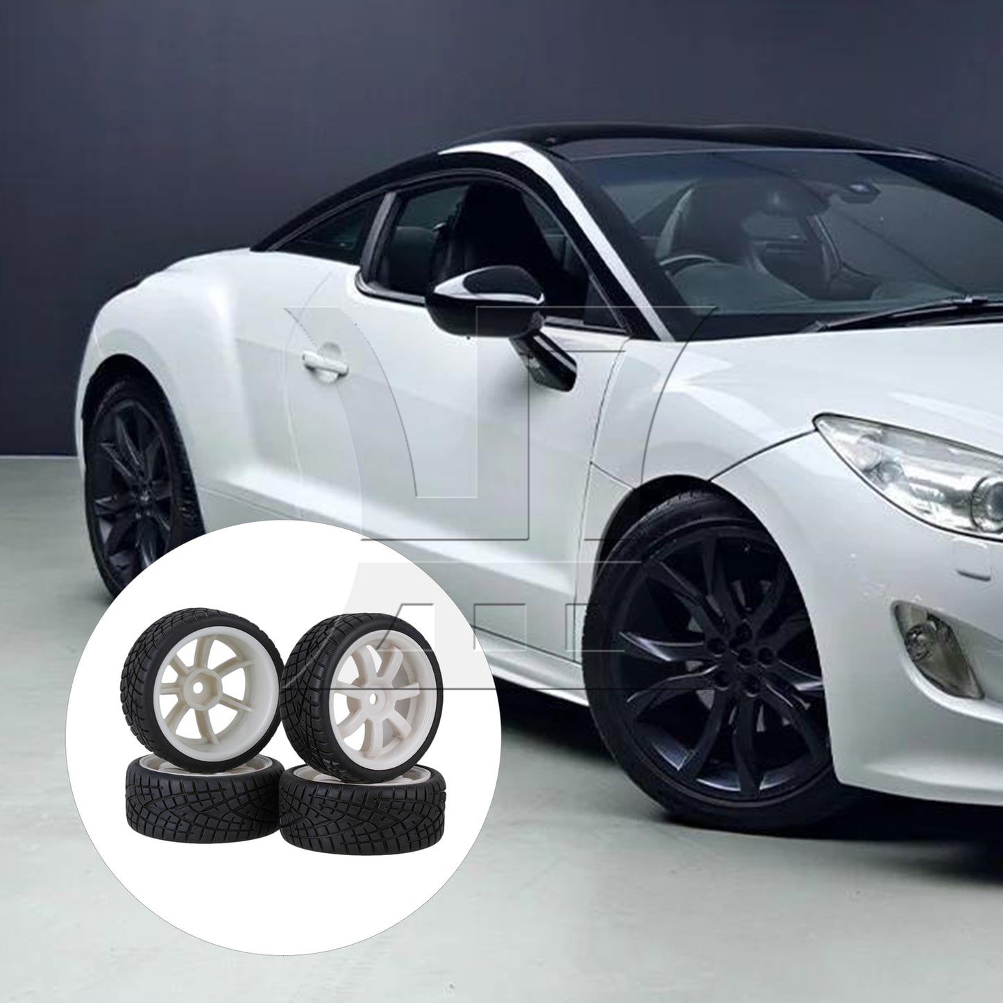 BQLZR 4x RC 1:10 On-Road Car Rubber Smooth Tires & White 7-Spoke Plastic Wheel Rims