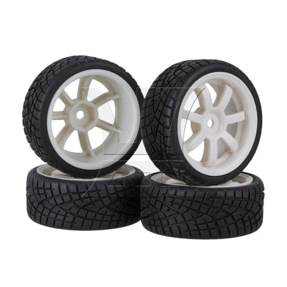 BQLZR 4x RC 1:10 On-Road Car Rubber Smooth Tires & White 7-Spoke Plastic Wheel Rims