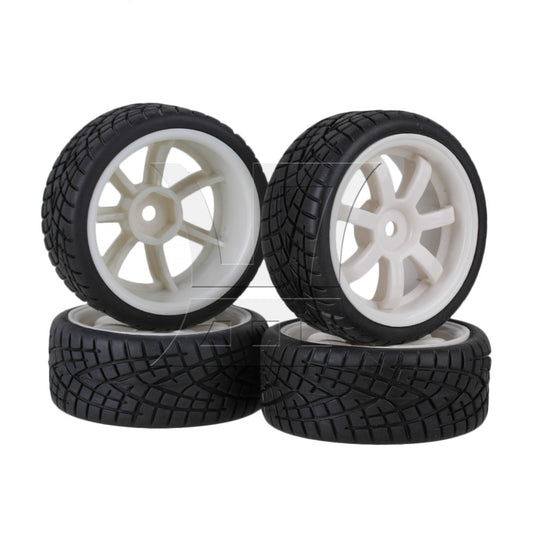 BQLZR 4x RC 1:10 On-Road Car Rubber Smooth Tires & White 7-Spoke Plastic Wheel Rims