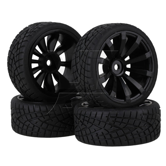 BQLZR  RC1:10 On Road Car Plastic 10-Spoke Wheel Rim Fish Pattern Rubber Tyre Black