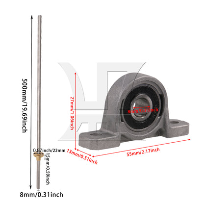 BQLZR Horizontal 2mm Lead 500mm Length Lead Screw Rod Bearing Pillow Block Set