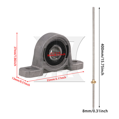 BQLZR Horizontal 2mm Lead 400mm Length Lead Screw Rod Bearing Pillow Block Set