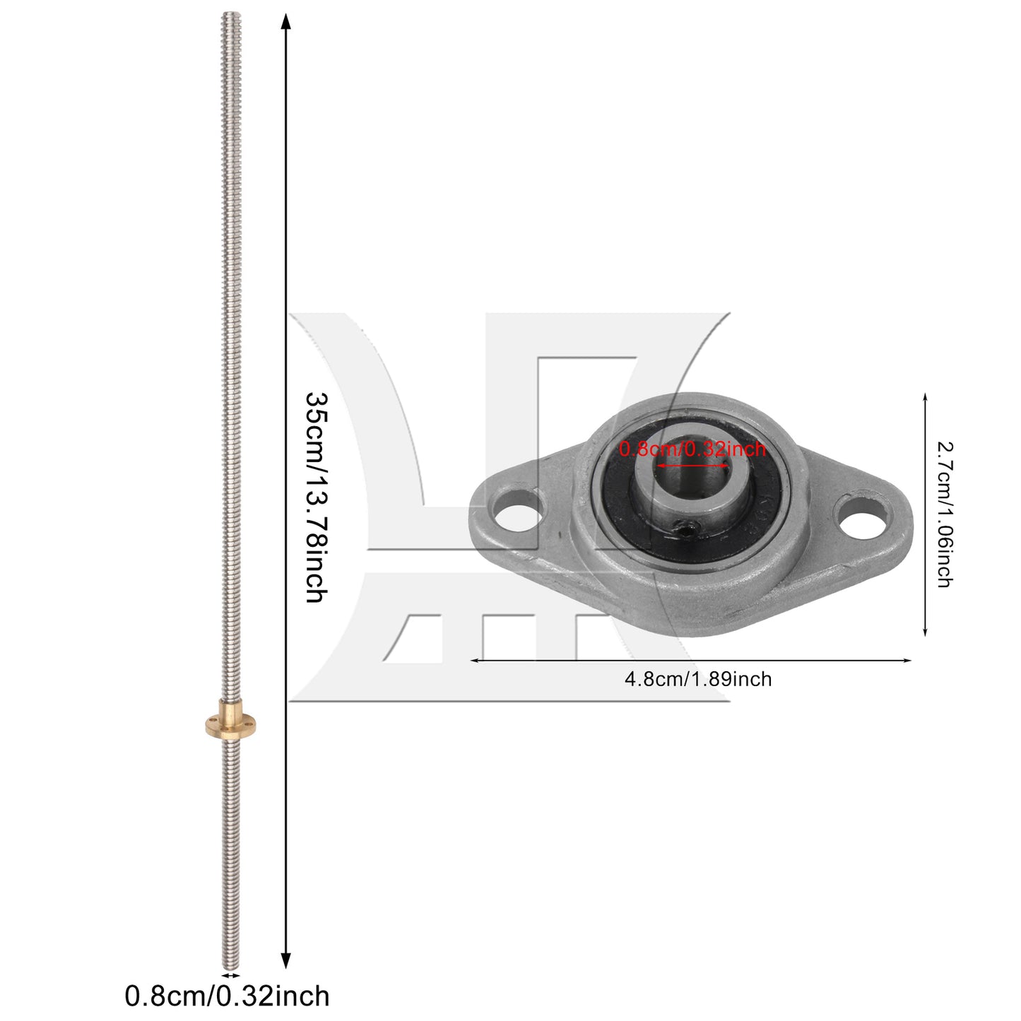 BQLZR Vertical 2mm Lead Screw 350mm T8 Lead Nut Flange Mounting Bearing Set
