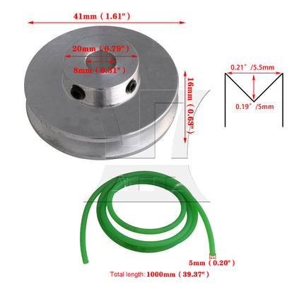 BQLZR Aluminum Single Groove Pulley 41mm Dia 8mm Fixed Bore w/ 3.28 ft Round Belt