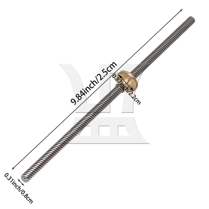 BQLZR  Lead Screw Rod 25cm Length 0.8cm w/ Brass Nut for 3D Printer Repair