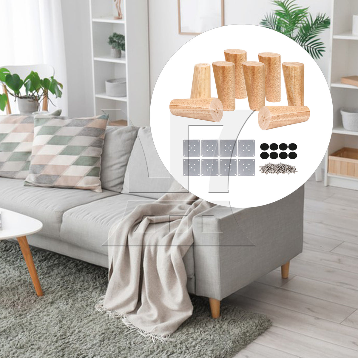 BQLZR 8Pcs Solid Wood Color Furniture Leg 4.72x2.28x1.49inch & Plate & Screw & Pad