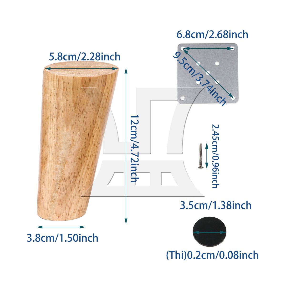 BQLZR 8Pcs Solid Wood Color Furniture Leg 4.72x2.28x1.49inch & Plate & Screw & Pad