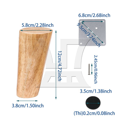 BQLZR 8Pcs Solid Wood Color Furniture Leg 4.72x2.28x1.49inch & Plate & Screw & Pad