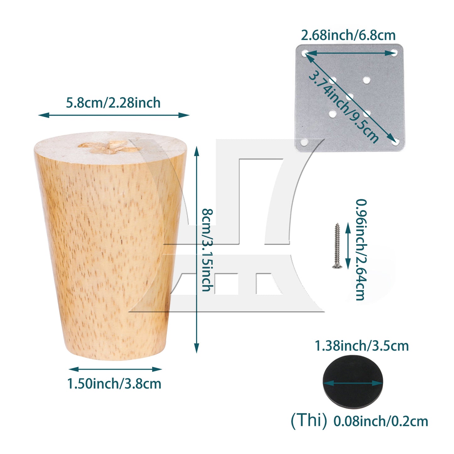 BQLZR 8 Pieces Wood Color Round Furniture Leg 3.15x2.28x1.5inch with Mouting Part