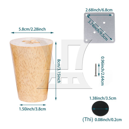 BQLZR 8 Pieces Wood Color Round Furniture Leg 3.15x2.28x1.5inch with Mouting Part