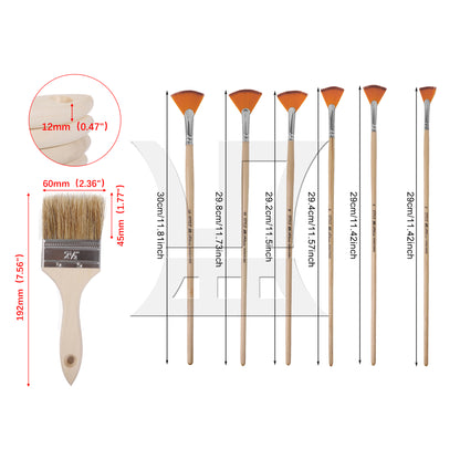 BQLZR 7 Pieces Fan Artist Paint Brushes w/ 2.5" Wood Lengthen Handle Painting Brush