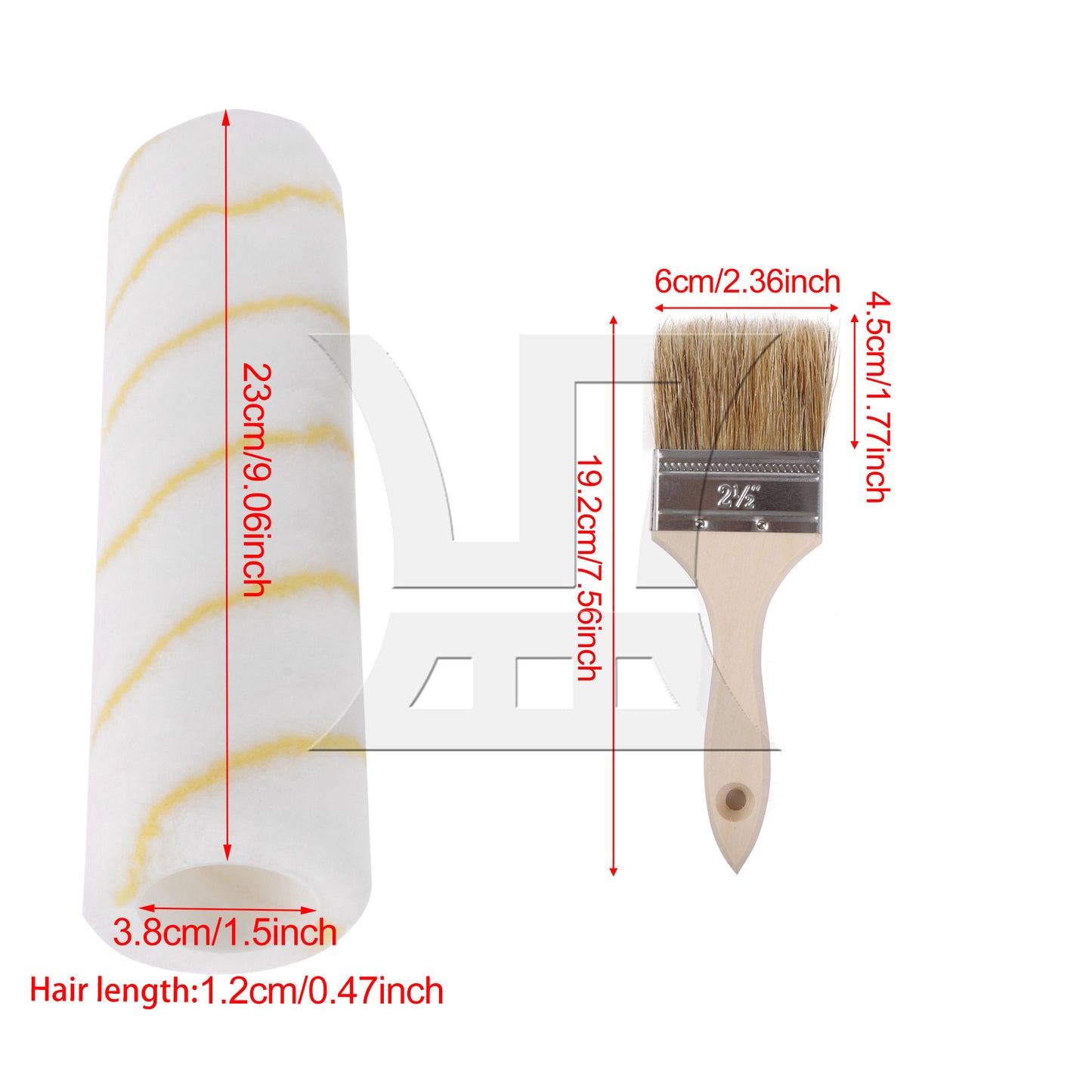 BQLZR 2 Pieces Paint Brush with Lengthen Wooden Handle 2.5" & 9" Roller Cover Set
