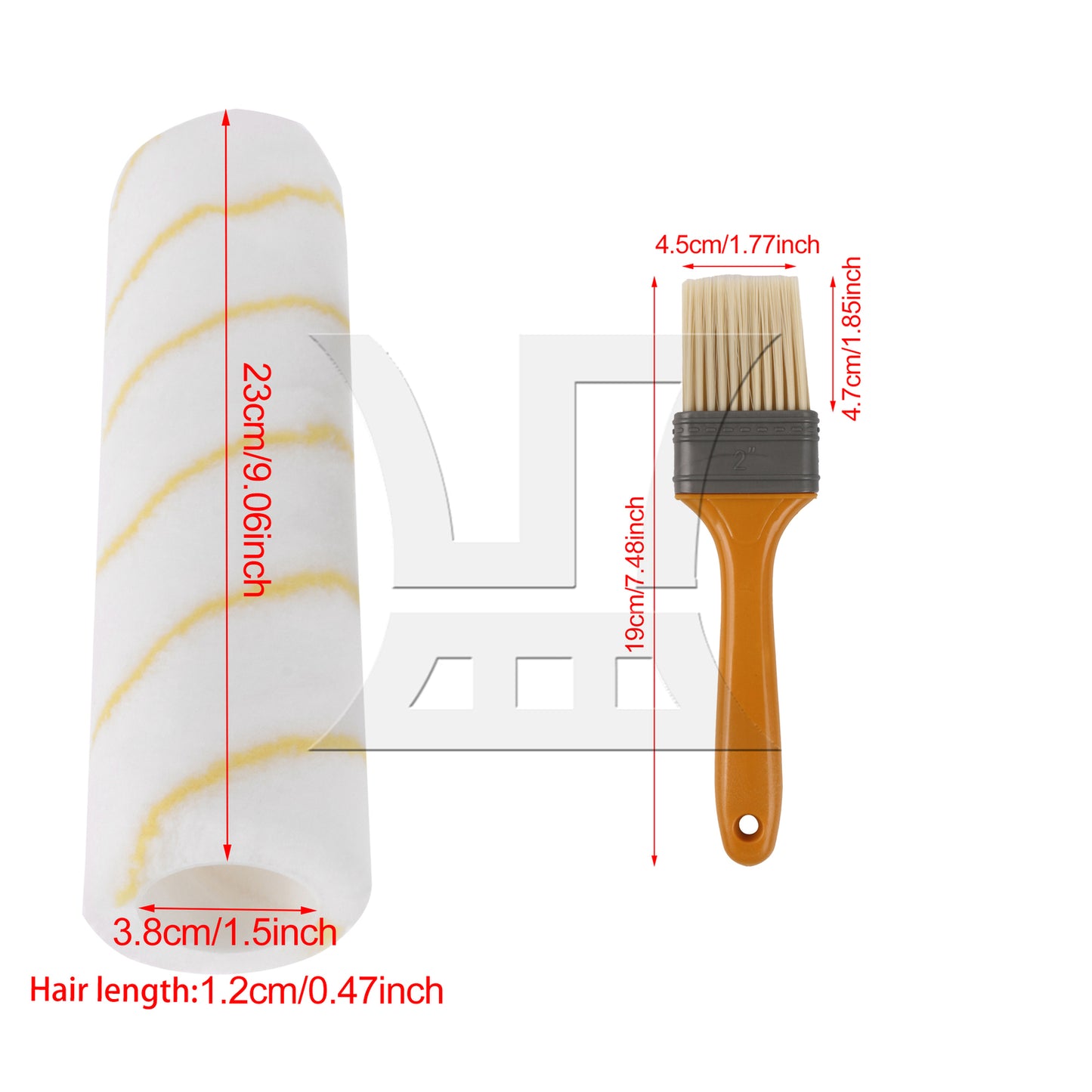 BQLZR Flat Paint Brush with Yellow Plastic Handle 2" & 9 Inch Roller Cover