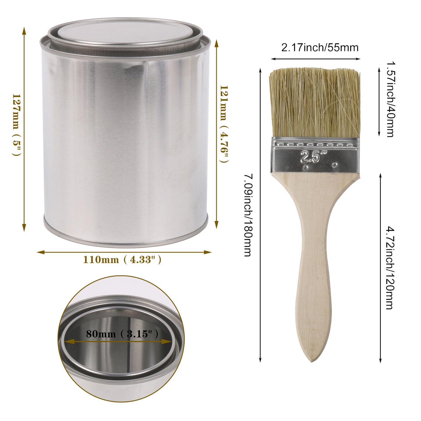 BQLZR 2 Pieces Flat Paint Brush w/ Thin Wood Handle 2.5" Width & 2 Pint Unlined Can