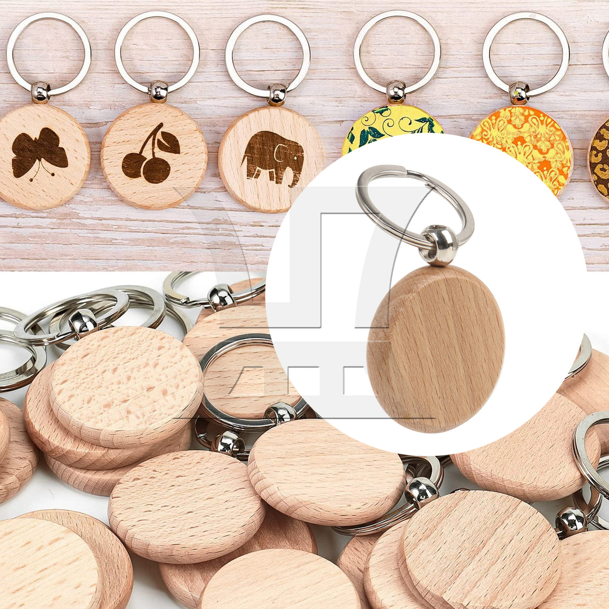 BQLZR 120 Pieces Wooden Key Ring Round Blank Tag for Craft Supply 1.57 x 0.31inch