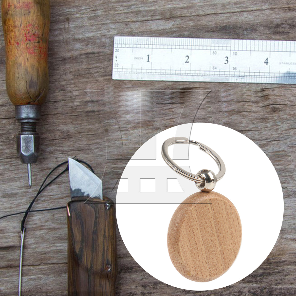 BQLZR 120 Pieces Wooden Key Ring Round Blank Tag for Craft Supply 1.57 x 0.31inch