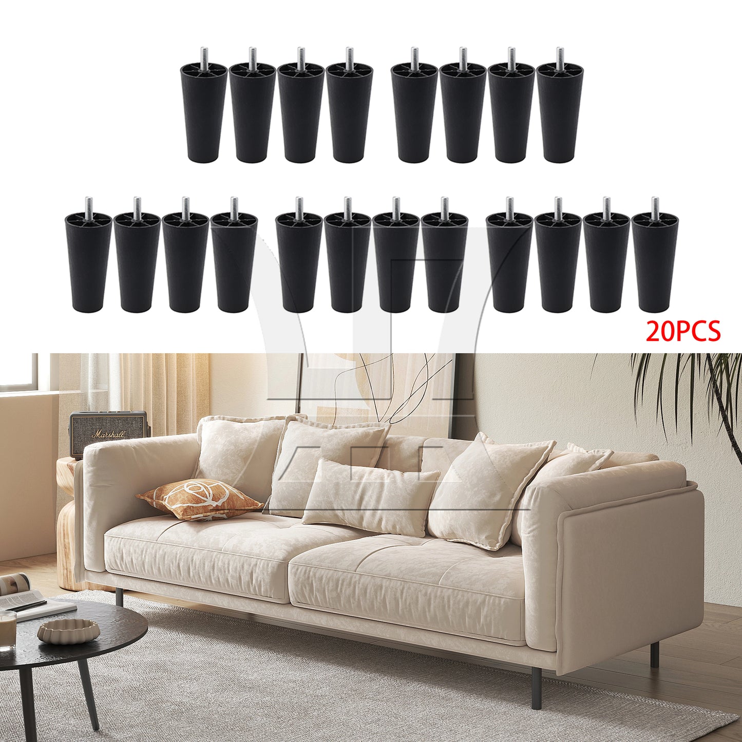 BQLZR Round Tapered Black Plastic Furniture Legs for Sofa 120x 60 x 38mm