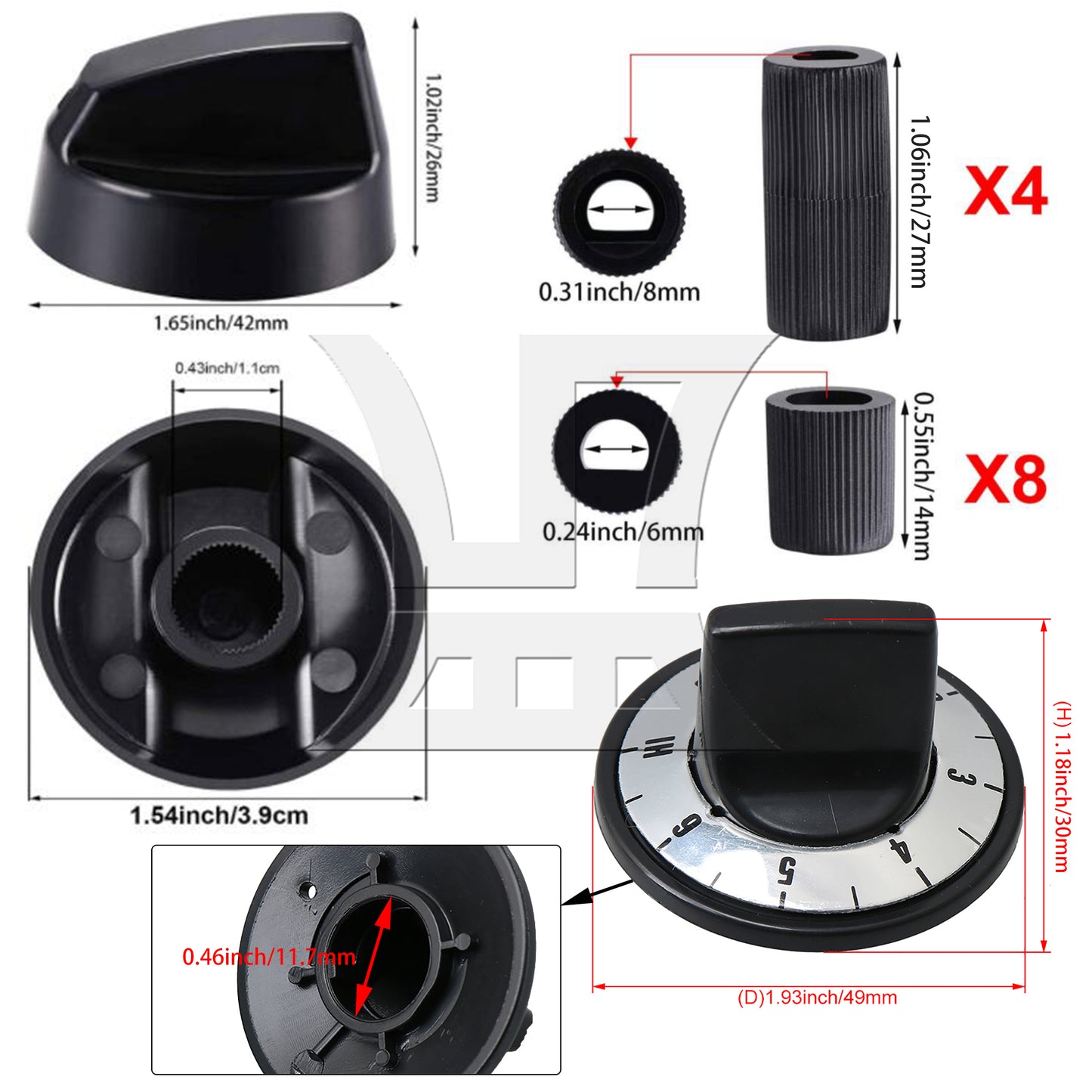 BQLZR Oven Konbs Kit Black Plastic Replacement for RK103 with Adapter Inserts