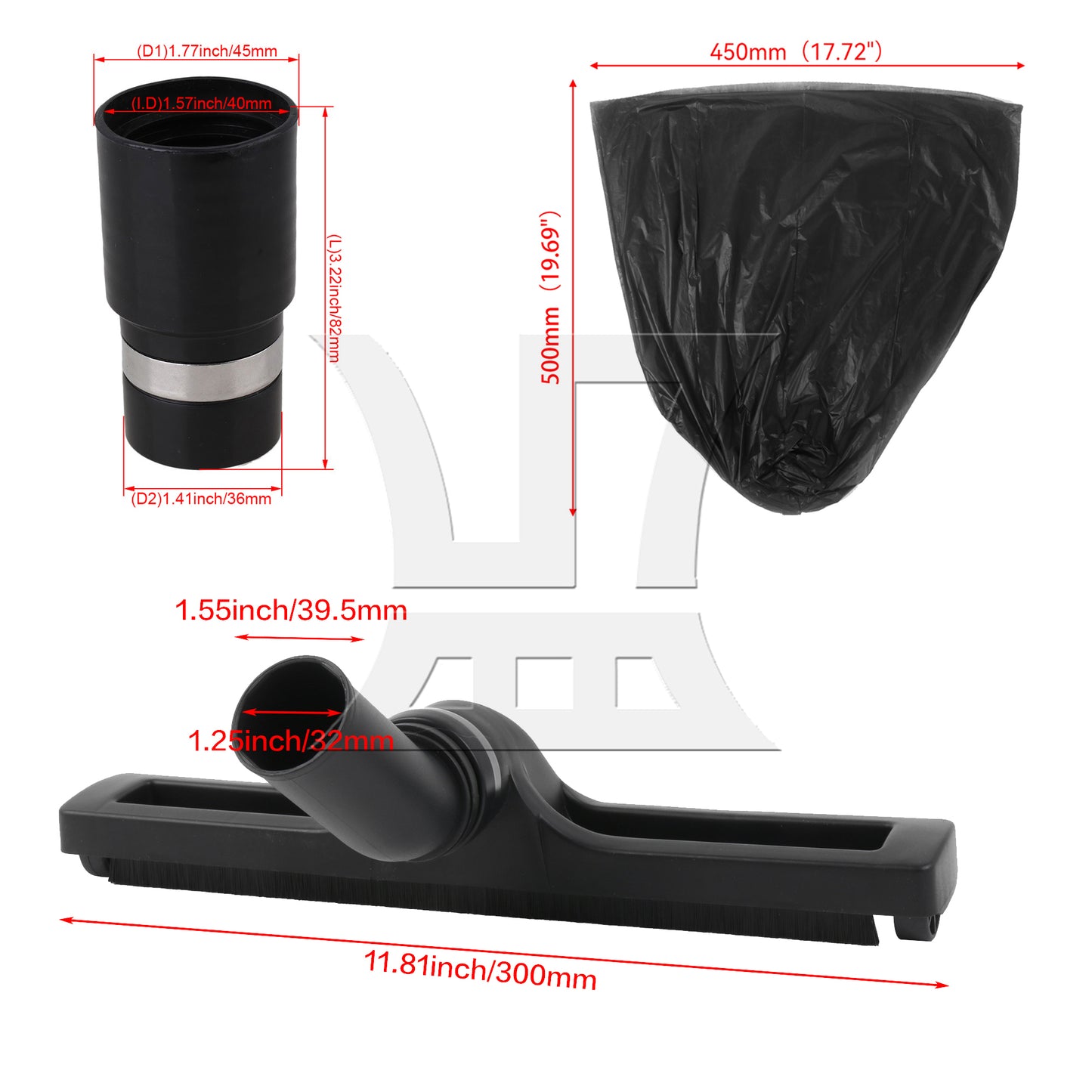 BQLZR Vacuum Square Brush 1.25 Inch ID with Hose Adapter 32mm to 39mm Black