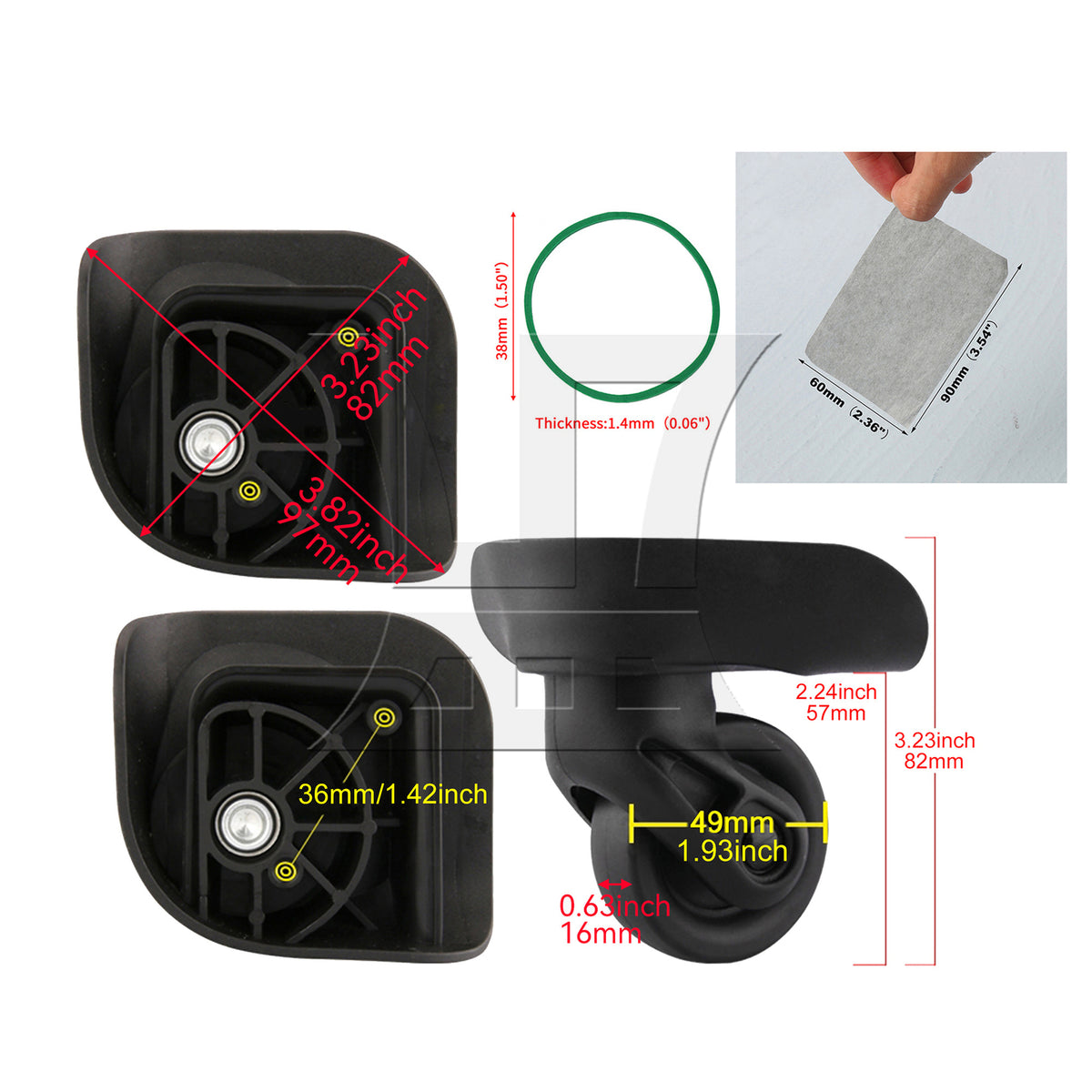 BQLZR  Luggage Suitcase Wheels Left & Right Black Plastic with Oil Blotting Sheet
