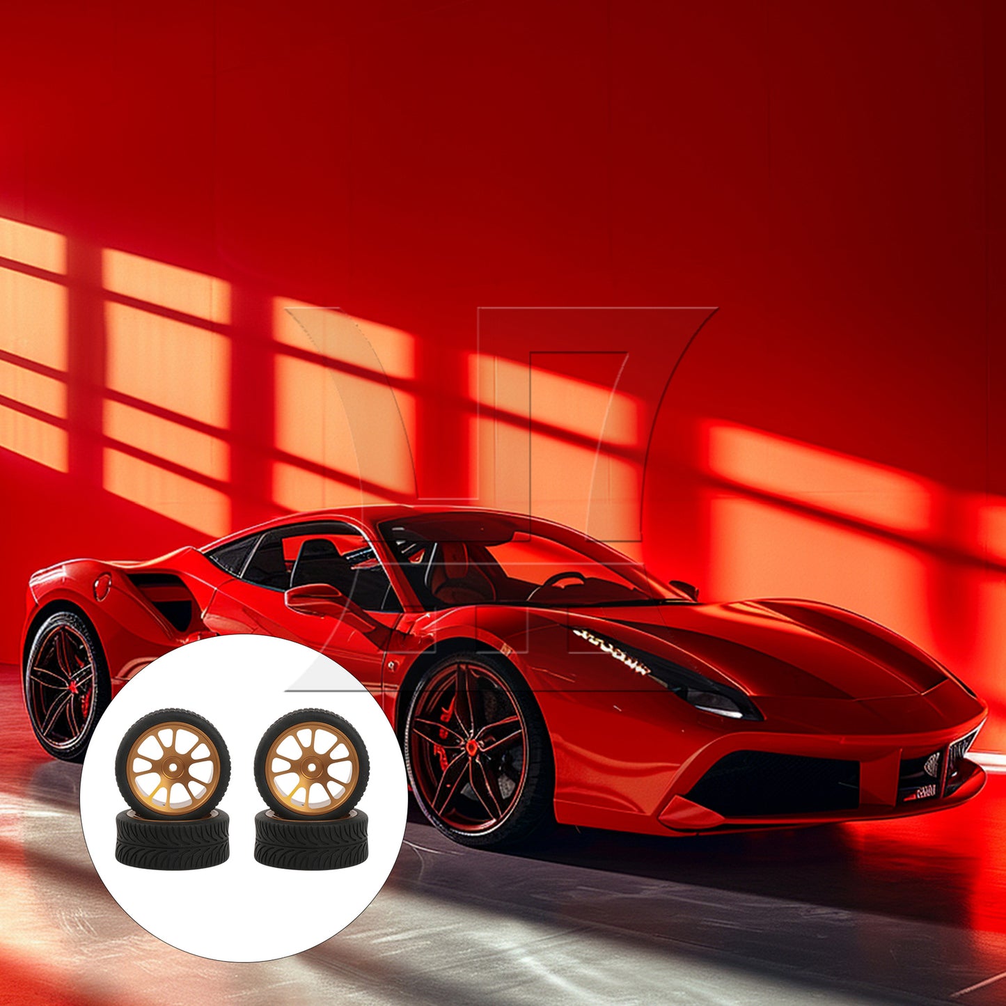 BQLZR  RC1:10 On-Road Car Gold 10-Spoke Wheel Rim & Leaf Pattern Rubber Tires