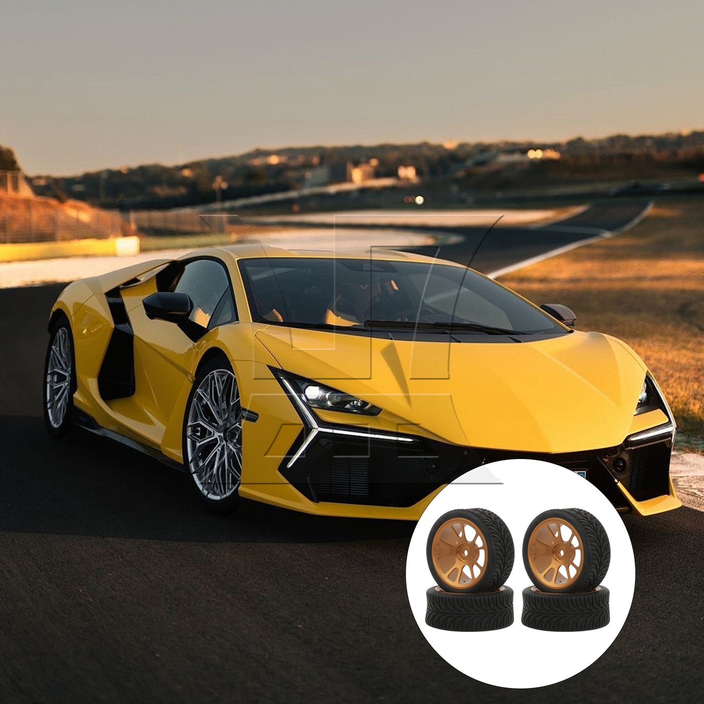 BQLZR  RC1:10 On-Road Car Gold 10-Spoke Wheel Rim & Leaf Pattern Rubber Tires