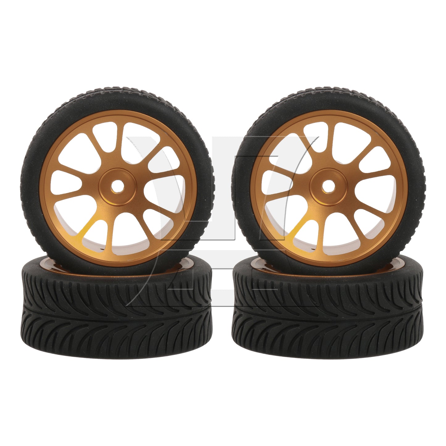 BQLZR  RC1:10 On-Road Car Gold 10-Spoke Wheel Rim & Leaf Pattern Rubber Tires