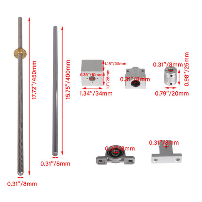 BQLZR Horizontal Dual Rail Guide T8 450x8mm Lead Screw Coupling Support Slide Kit
