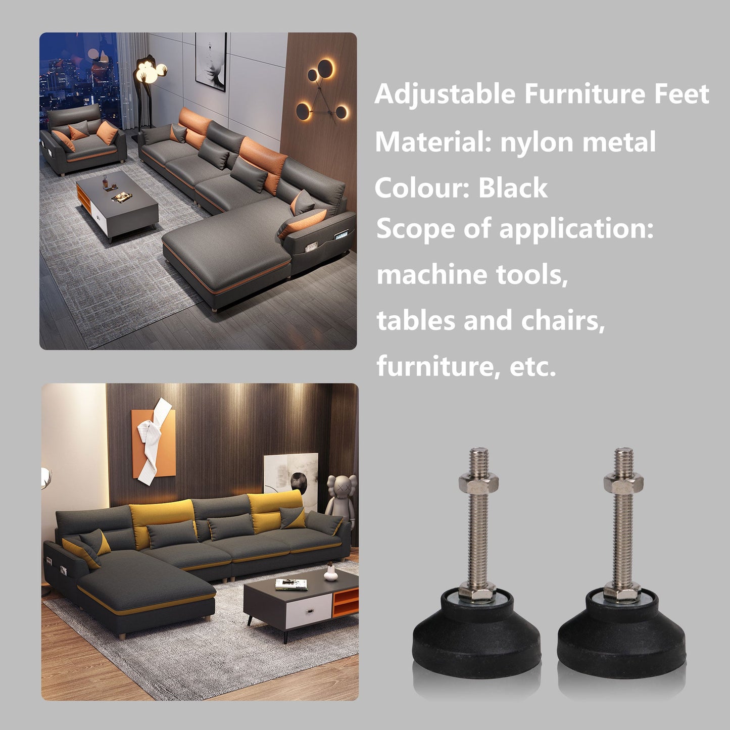 BQLZR Furniture Leveling Levelers Feet Leg M8x60mm Thread Silver & Black Pack of 8